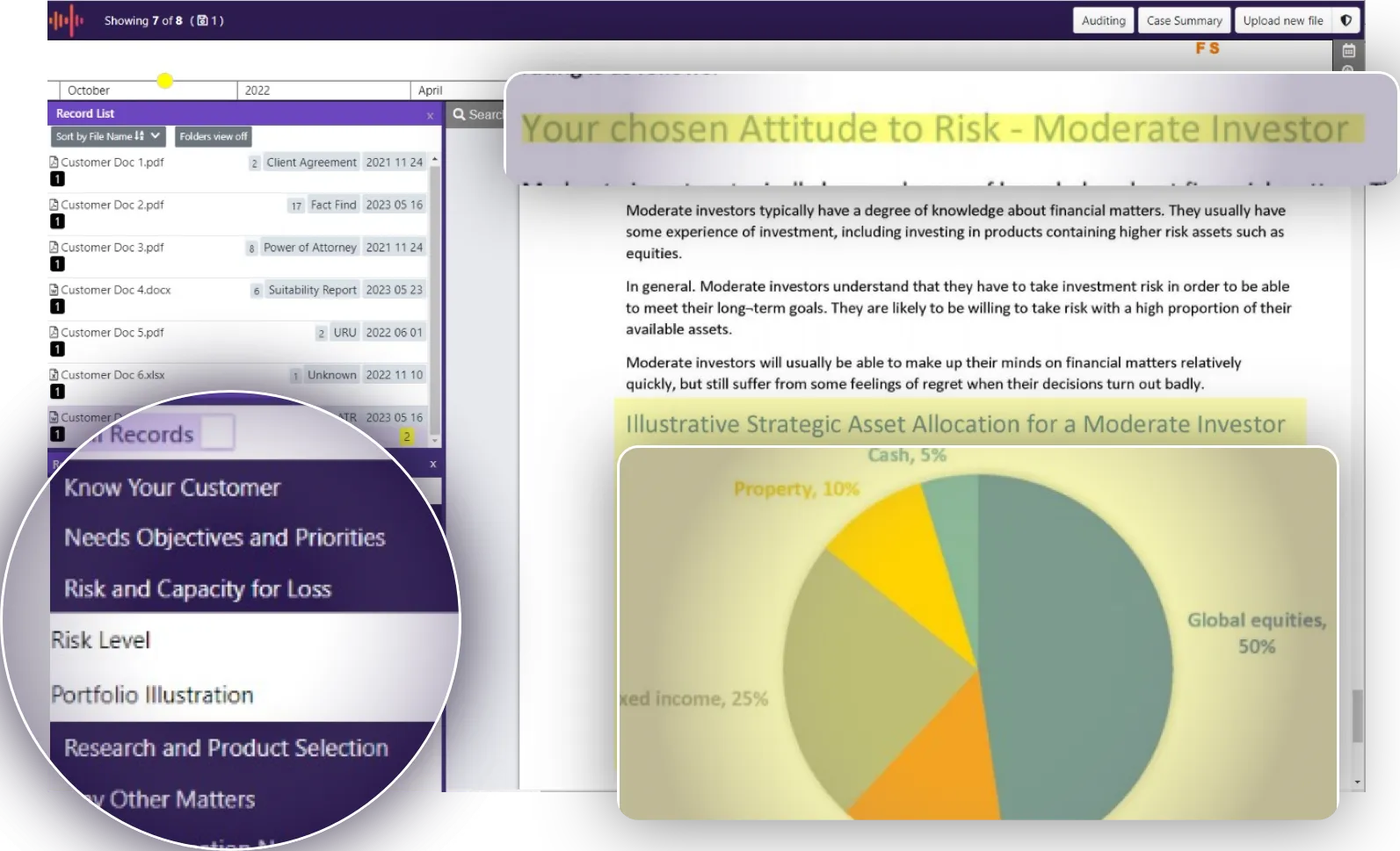 Recordsure CaseReviewAI risk level portfolio illustration highlight screen