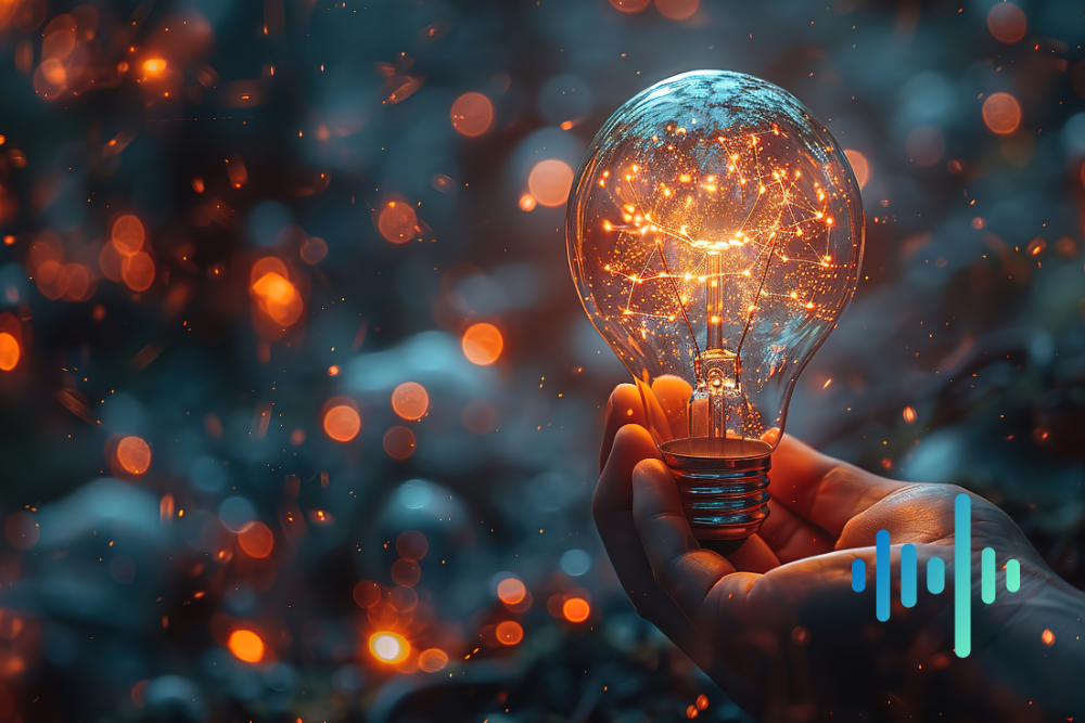 Male hand holding a glowing light bulb with twinkling lights in the background